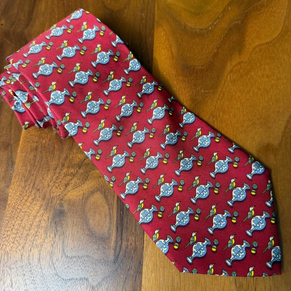 Salvatore Ferragamo Necktie Red Bird Print 100% Silk Made in Italy
